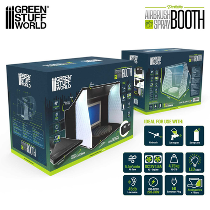 Green Stuff World Portable Airbrush Spray Booth 6652 – opakowanie produktu, widok przodu i tyłu pudełka z parametrami technicznymi
