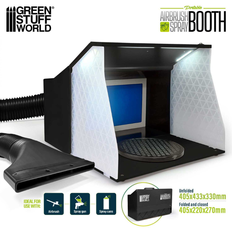 Green Stuff World Portable Airbrush Spray Booth 6652 – kabina rozłożona z wężem wylotowym i obrotnicą, wymiary złożone i rozłożone
