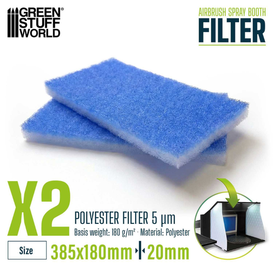 Green Stuff World Airbrush Spray Booth Filters x2 6653 – dwa niebieskie filtry poliestrowe 5 µm z parametrami technicznymi i kabiną aerografową w tle