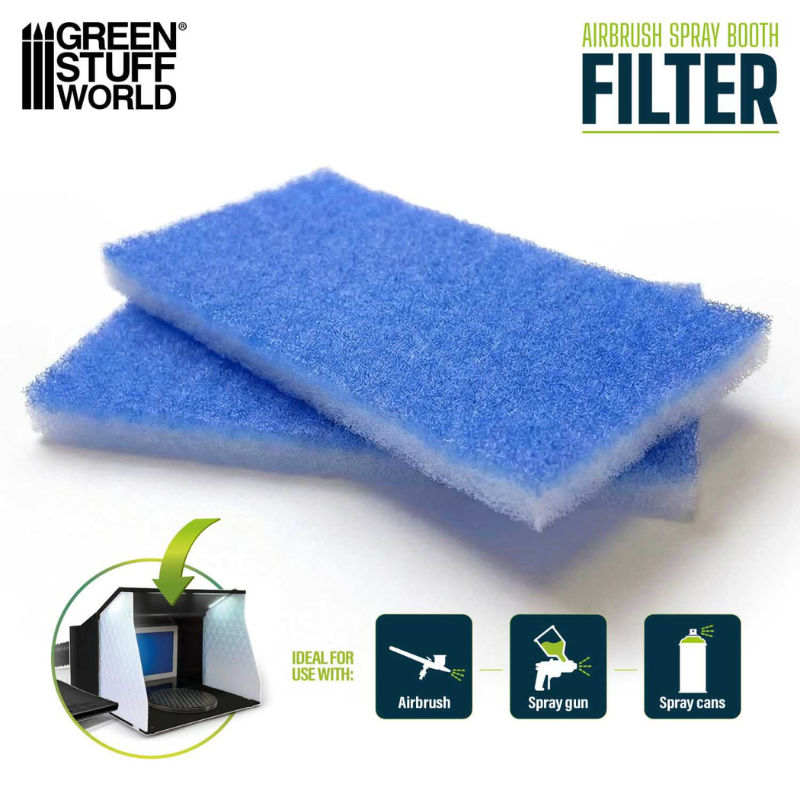 Green Stuff World Airbrush Spray Booth Filters x2 6653 – dwa filtry poliestrowe na białym tle z ikoną kabiny aerografowej i zgodnością z aerografem, pistoletem i sprejem