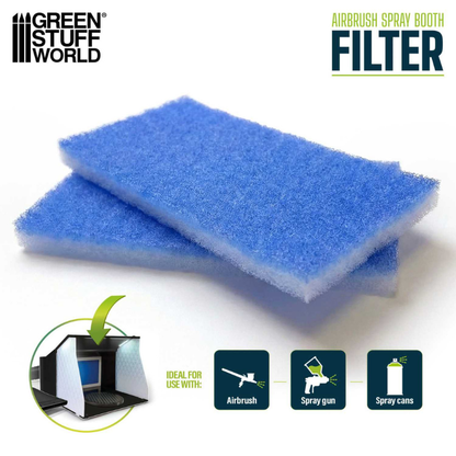 Green Stuff World Airbrush Spray Booth Filters x2 6653 – dwa filtry poliestrowe na białym tle z ikoną kabiny aerografowej i zgodnością z aerografem, pistoletem i sprejem