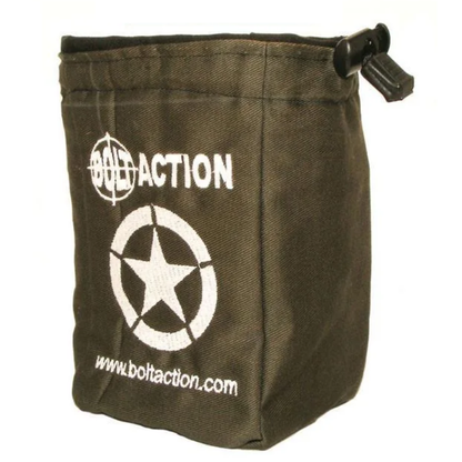 Allied Star Dice Bag - khaki zielony worek na kostki z białą gwiazdą w kole (Allied Star symbol), białe logo Bolt Action na górze, czarny sznurek ściągający z plastikowym zapięciem, www.boltaction.com na dole - oficjalny worek do przechowywania Order Dice - akcesoria Bolt Action - Warlord Games