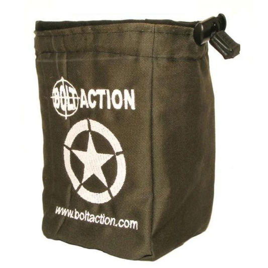 Allied Star Dice Bag - khaki zielony worek na kostki z białą gwiazdą w kole (Allied Star symbol), białe logo Bolt Action na górze, czarny sznurek ściągający z plastikowym zapięciem, www.boltaction.com na dole - oficjalny worek do przechowywania Order Dice - akcesoria Bolt Action - Warlord Games