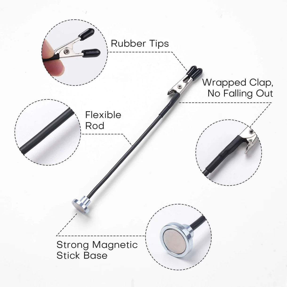 Magnetic Bendable Alligator Clip Sticks Set Golden Maple – infografika budowy uchwytu: Rubber Tips (gumowe końcówki krokodylka), Wrapped Clap No Falling Out (zabezpieczony krokodylek), Flexible Rod (elastyczny drążek), Strong Magnetic Stick Base (silna magnetyczna podstawa); zbliżenia na każdy element, białe tło
