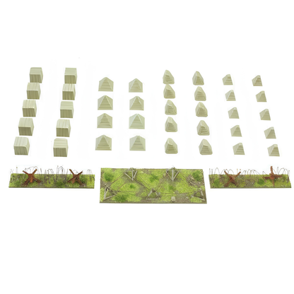 Anti-Tank Obstacles WG-TER-39 - pomalowane przeszkody przeciwpancerne białe tło: górne rzędy - 40 Zębów Smoka Dragon's Teeth w różnych rozmiarach pomalowane na beżowy kolor betonu (duże kostki betonowe, średnie piramidy, małe stożki) ułożone w 8 kolumnach - dolne rzędy - 3 segmenty drutu kolczastego na drewnianych ramach X z zieloną trawą i tuftami - przeszkody przeciwpancerne 28mm Bolt Action