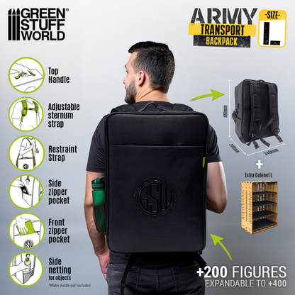 Army Transport Backpack L – Green Stuff World 13230 – funkcje: uchwyt górny, pasek mostkowy, kieszonki boczne i przednia, siatka boczna, wymiary 480x340x205mm