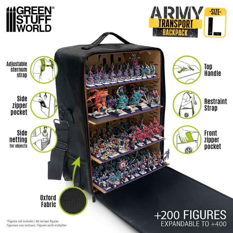 Army Transport Backpack L – Green Stuff World 13230 – otwarty plecak z armią 200+ figurek Warhammer na tacach MDF, tkanina Oxford