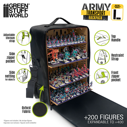 Army Transport Backpack L – Green Stuff World 13230 – otwarty plecak z armią 200+ figurek Warhammer na tacach MDF, tkanina Oxford