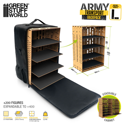 Army Transport Backpack L – Green Stuff World 13230 – szafka MDF 450x300x180mm, 4 tace magnetyczne, 21 pozycji regulacji, Stackable Cabinet