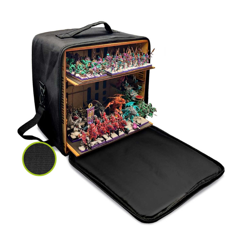 Army Transport Bag M – Green Stuff World 11936 – otwarta torba z armią figurek Warhammer na tacach MDF