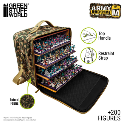 Green Stuff World Army Transport Bag M Camouflage Edition – otwarta torba moro z 4 poziomami figurek Warhammer, uchwyt górny i pasek na ramię, tkanina Oxford