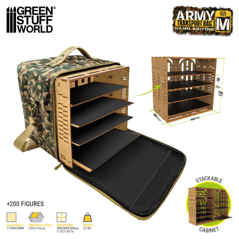 Army Transport Bag M Camouflage Edition – widok z boku z wymiarami 300x300x180mm, szafka MDF z 4 tacami magnetycznymi, pojemność 200+ figurek