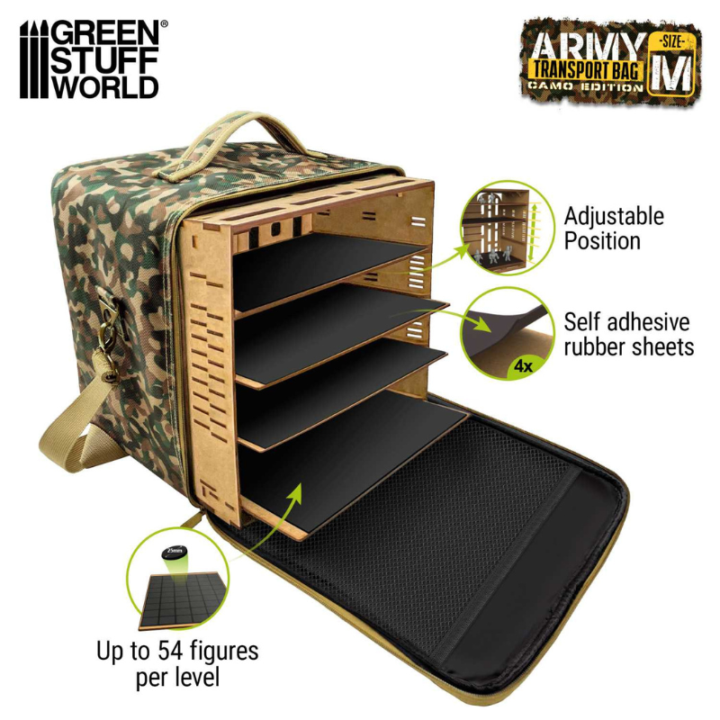 Army Transport Bag M Camouflage Edition – otwarta torba z regulowanymi tacami MDF i samoprzylepnymi arkuszami gumy, do 54 figurek na poziom