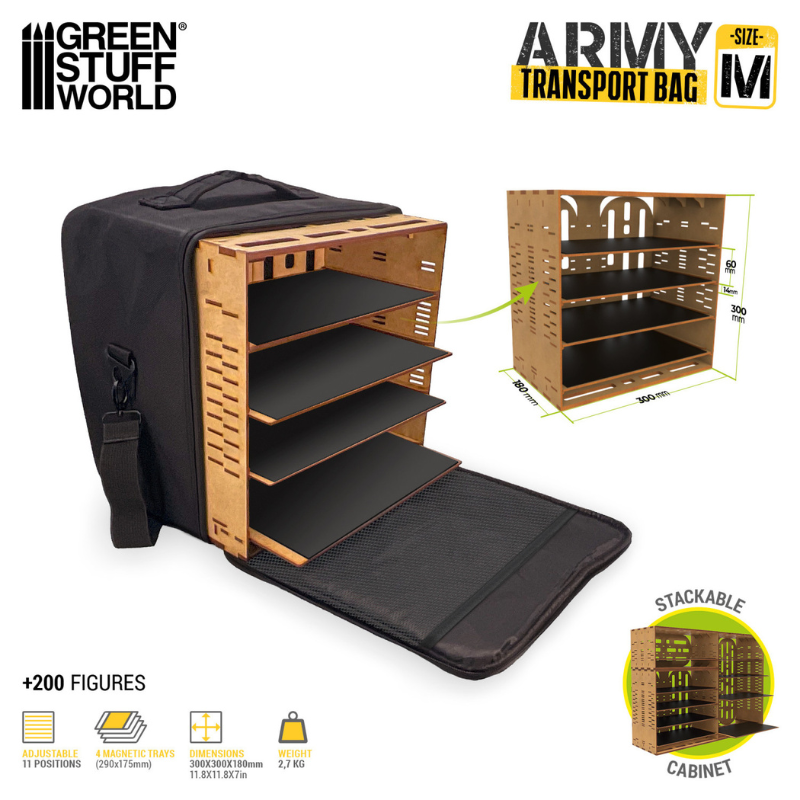 Army Transport Bag M – Green Stuff World 11936 – wymiary szafki MDF: 300x300x180mm, 4 tace magnetyczne, 11 pozycji