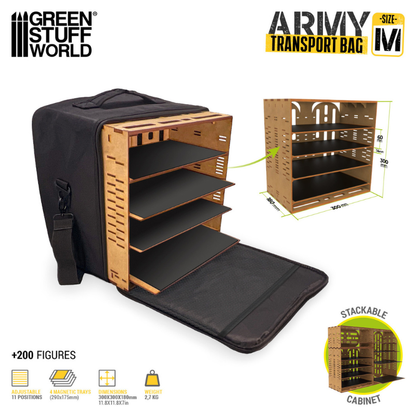 Army Transport Bag M – Green Stuff World 11936 – wymiary szafki MDF: 300x300x180mm, 4 tace magnetyczne, 11 pozycji