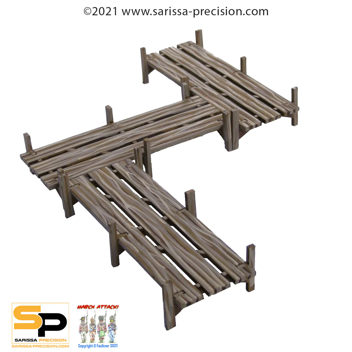 Viking Settlement J049 – zbliżenie na 3 sekcje pomostu B008 ułożone w kształt litery Z z drewnianymi palami, pomalowane MDF, 28mm Sarissa Precision

