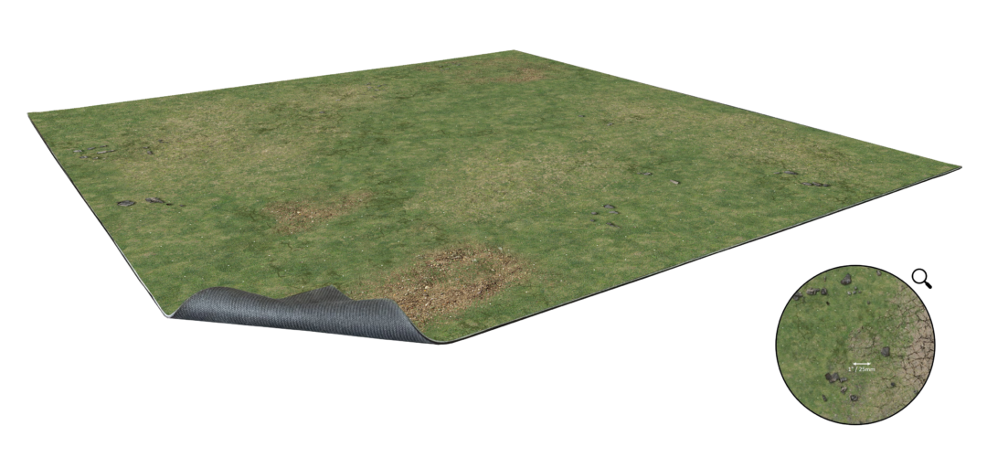 Grassy Fields – Mata do gry 2'x2' z gridem Mousepad Battle Systems – widok z góry zielonej łąki z siatką 1"/25mm