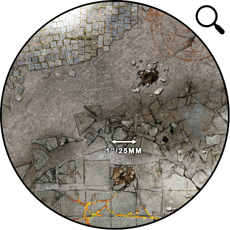 Frosty Crags – Mata do gry 2'x2' (60x60 cm) z gridem Mousepad Battle Systems – zbliżenie siatki 1"/25mm na mroźnym górskim terenie
