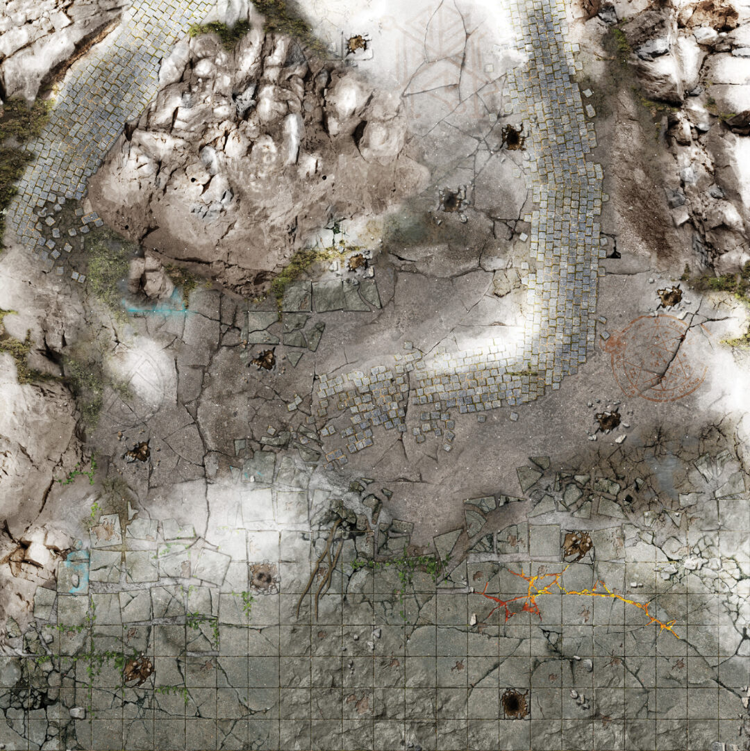 Frosty Crags – Mata do gry 2'x2' (60x60 cm) z gridem Mousepad Battle Systems – płaski widok mroźnego górskiego płaskowyu z siatką 1"/25mm