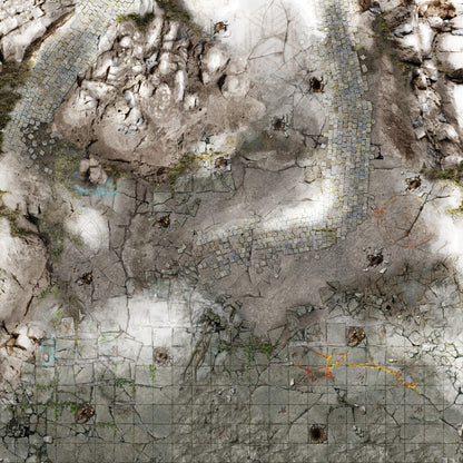 Frosty Crags – Mata do gry 2'x2' (60x60 cm) z gridem Mousepad Battle Systems – płaski widok mroźnego górskiego płaskowyu z siatką 1"/25mm