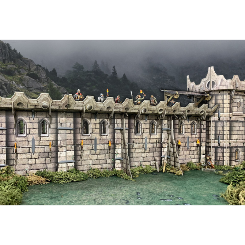 Battle Systems City Wall – zmontowany mur miejski z figurkami obrońców na blanku, skala 28mm
