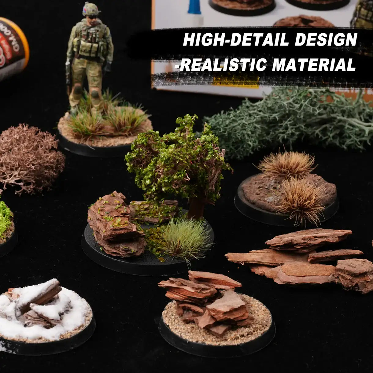 Battlefield Basing Set Golden Maple – zdjęcie gotowych baz i materiałów na czarnym tle: pomalowana figurka żołnierza nowoczesnego na podstawce z trawą i kamieniami, wokół kępy trawy, krzewy, kamienie korowe, baza zimowa ze śniegiem i kamieniami, baza z piaskiem i kamieniami; napis "High-Detail Design – Realistic Material"
