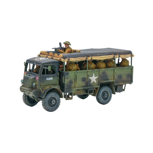 Bedford QLT Troop Transport - Bolt Action 28mm - widok z prawego boku British green siedzący żołnierze Bren gun white star płócienny dach - Warlord Games