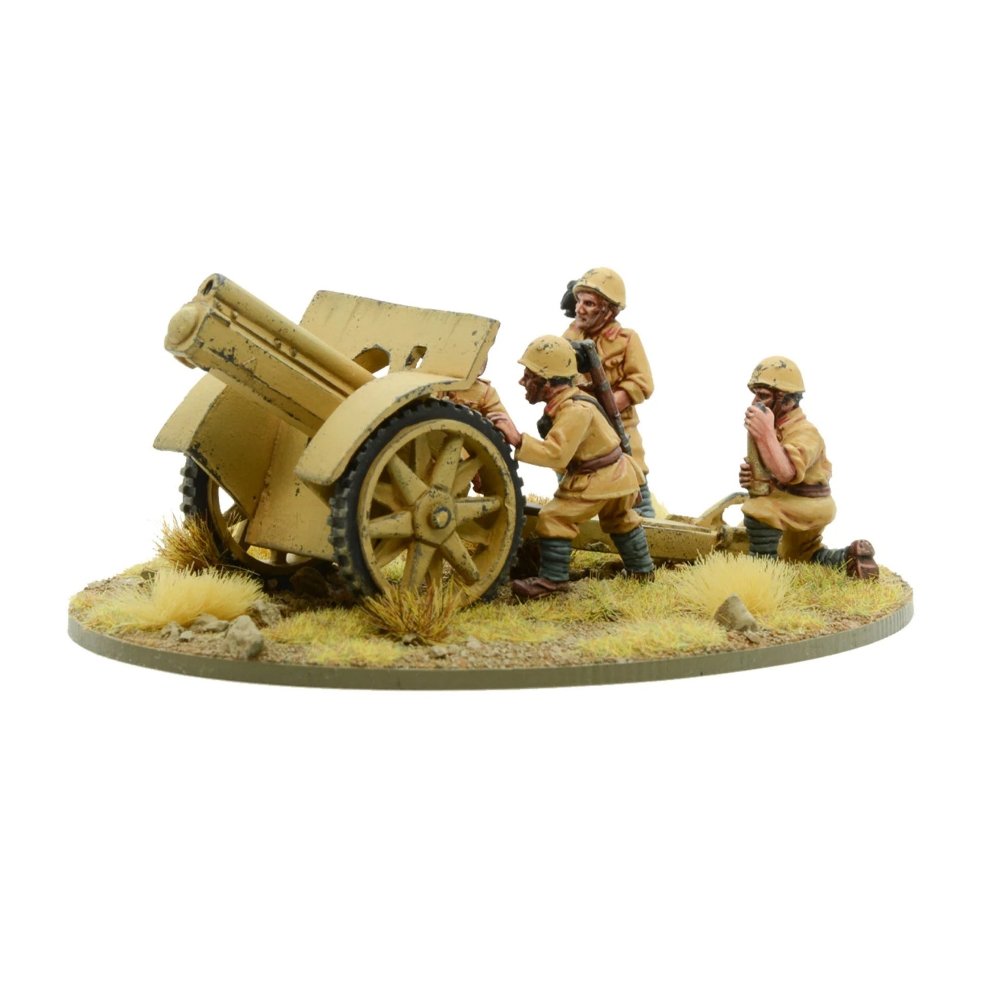 Warlord Games 403015819 Italian Bersaglieri 100/17 Modello 14 – pudełko Bolt Action: włoska artyleria Średnia 100/17 Modello 14 z załogą Bersaglieri w pustynnym kamuflażu piaskowym, haubica Skoda 100mm na kołach drewnianych z osłoną, 4 figurki metalowe załogi w hełmach i mundurach pustynnych, podstawka MDF, białe tło, Bolt Action