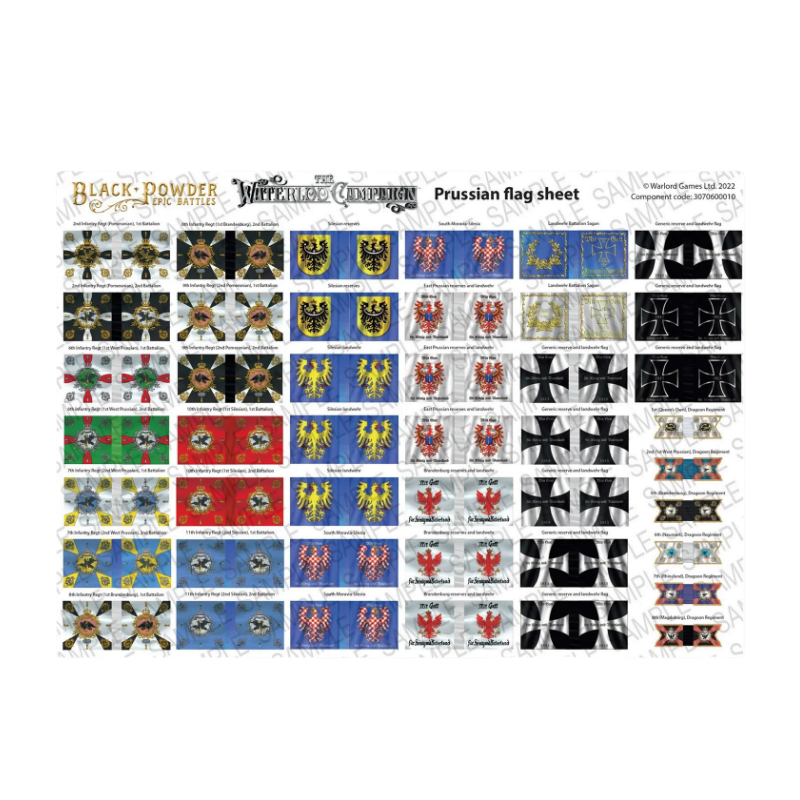 Blücher's Prussian Army Starter Set – arkusz flag pruskich regimentów piechoty, kawalerii i Landwehry do Black Powder Epic Battles, Warlord Games
