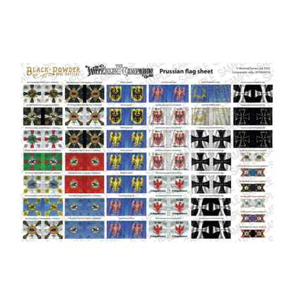 Blücher's Prussian Army Starter Set – arkusz flag pruskich regimentów piechoty, kawalerii i Landwehry do Black Powder Epic Battles, Warlord Games
