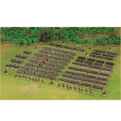 Blücher's Prussian Army Starter Set – pomalowane figurki pruskiej armii napoleońskiej ustawione w szyku bojowym na zielonym stole, Black Powder Epic Battles, Warlord Games
