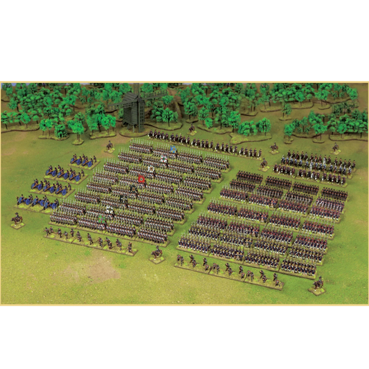Blücher's Prussian Army Starter Set – pomalowane figurki pruskiej armii napoleońskiej ustawione w szyku bojowym na zielonym stole, Black Powder Epic Battles, Warlord Games
