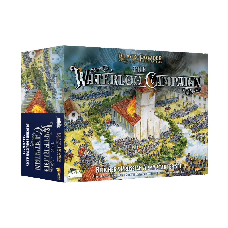 Blücher's Prussian Army Starter Set – pudełko zestawu startowego Black Powder Epic Battles: The Waterloo Campaign z ilustracją bitwy, Warlord Games
