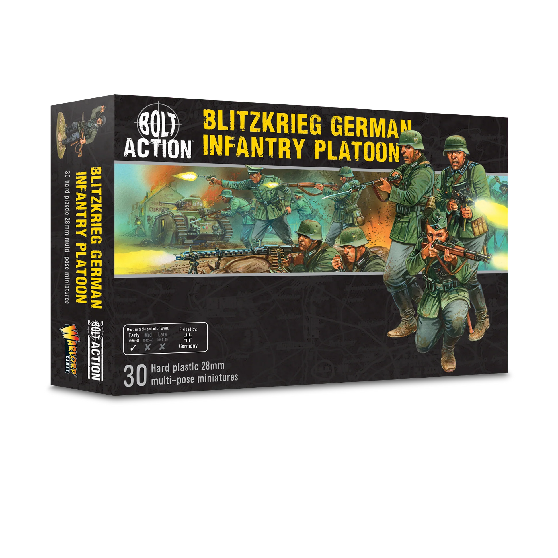 Blitzkrieg German Infantry Platoon - Bolt Action 28mm - opakowanie pudełko z ilustracją piechoty Wehrmacht - 30 figurek plastikowych - Warlord Games