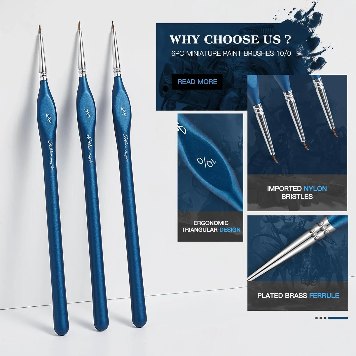 10/0 Extra Fine Tip Nylon Detail Brush Golden Maple – 3 pędzle na białym tle z infografiką: ergonomiczny trójkątny uchwyt (Ergonomic Triangular Design), importowane włosie nylonowe (Imported Nylon Bristles), posrebrzany ferrule mosiężny (Plated Brass Ferrule), zbliżenia na ferrule i czubek

