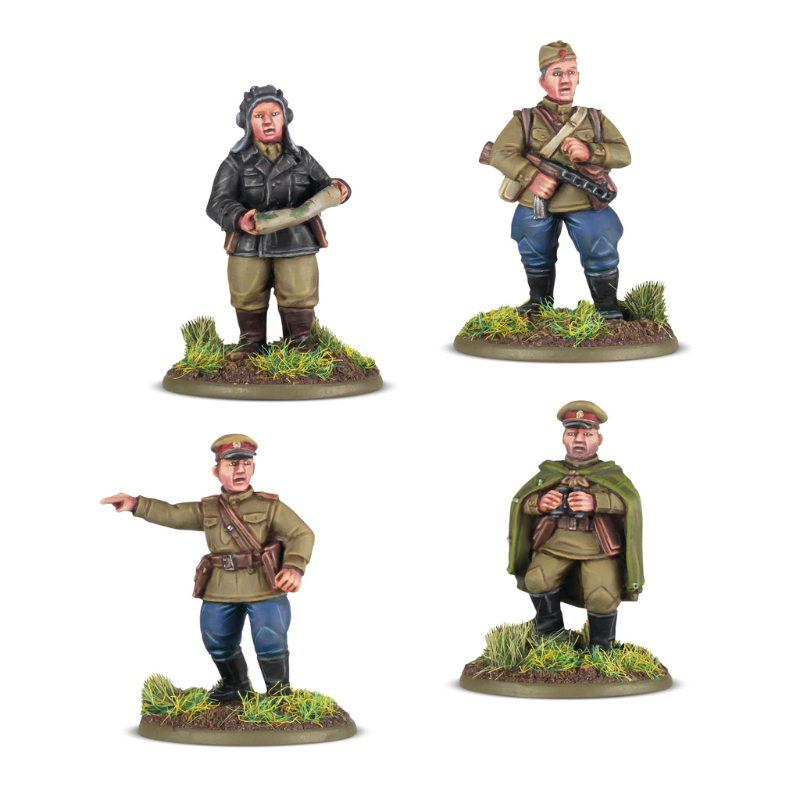 Bolt Action 403214002 Soviet Platoon Commanders – 4 pomalowane żywiczne figurki radzieckich dowódców plutonów: oficer z mapą w czarnej kurtce, żołnierz z PPSh-41, oficer wskazujący kierunek i oficer z lornetką w płaszczu, widok z przodu, Bolt Action, Warlord Games
