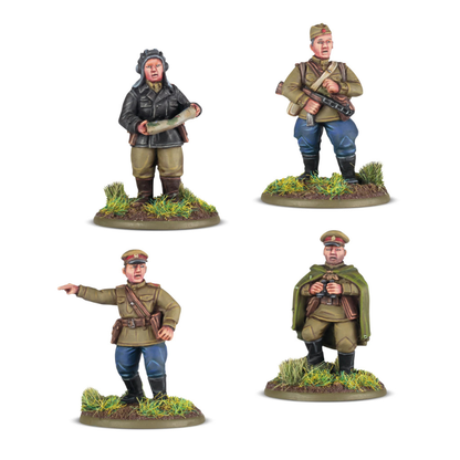 Bolt Action 403214002 Soviet Platoon Commanders – 4 pomalowane żywiczne figurki radzieckich dowódców plutonów: oficer z mapą w czarnej kurtce, żołnierz z PPSh-41, oficer wskazujący kierunek i oficer z lornetką w płaszczu, widok z przodu, Bolt Action, Warlord Games

