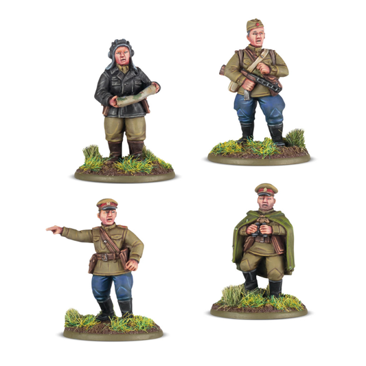 Bolt Action 403214002 Soviet Platoon Commanders – 4 pomalowane żywiczne figurki radzieckich dowódców plutonów: oficer z mapą w czarnej kurtce, żołnierz z PPSh-41, oficer wskazujący kierunek i oficer z lornetką w płaszczu, widok z przodu, Bolt Action, Warlord Games
