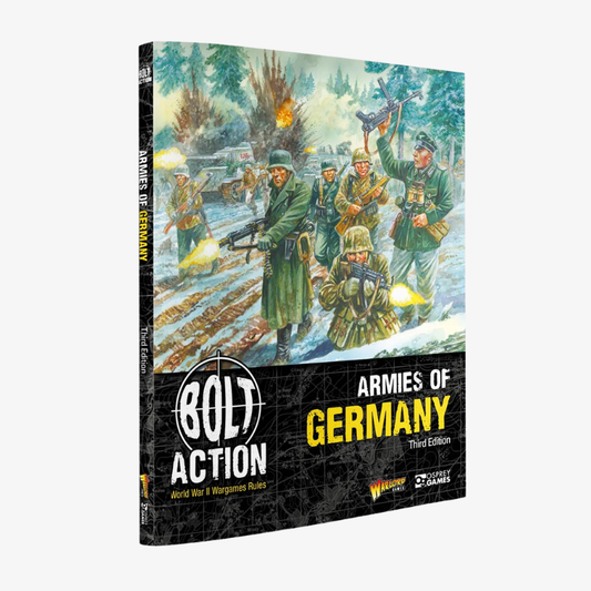 Bolt Action Armies of Germany Third Edition 401012002 – twarda okładka książki z ilustracją: oddział niemieckich żołnierzy Heer w zimowych mundurach atakuje przez zaśnieżony las z MG42, MP40 i karabinami, czołg w tle, logo Bolt Action World War II Wargames Rules, wydawnictwo Warlord Games i Osprey Games
