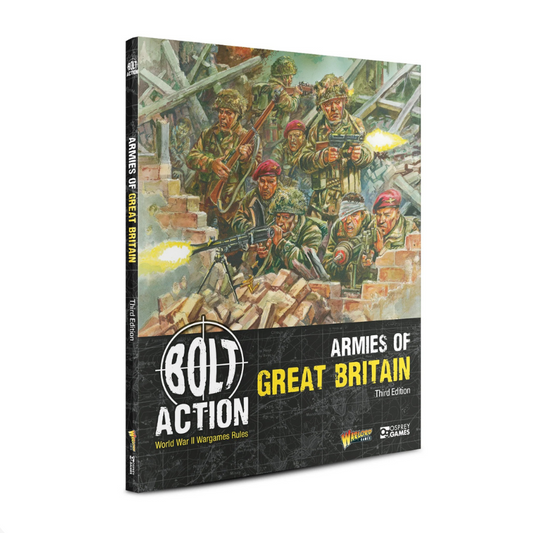 Bolt Action Armies of Great Britain Third Edition 401011001 – twarda okładka książki z ilustracją: oddział brytyjskich żołnierzy w czerwonych beretach i hełmach atakuje przez zburzone mury z Bren LMG, Sten i karabinami Lee-Enfield, logo Bolt Action World War II Wargames Rules, wydawnictwo Warlord Games i Osprey Games
