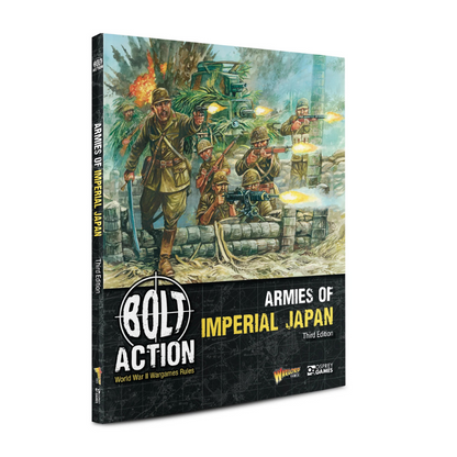 Bolt Action Armies of Imperial Japan Third Edition 401016001 – twarda okładka książki z ilustracją: japoński oficer z kataną prowadzi szarżę żołnierzy Cesarskiej Armii z karabinami Arisaka i karabinem maszynowym przez umocnienia z worków z piaskiem, czołg i eksplozje w tle, logo Bolt Action World War II Wargames Rules, wydawnictwo Warlord Games i Osprey Games
