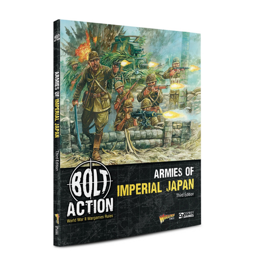Bolt Action Armies of Imperial Japan Third Edition 401016001 – twarda okładka książki z ilustracją: japoński oficer z kataną prowadzi szarżę żołnierzy Cesarskiej Armii z karabinami Arisaka i karabinem maszynowym przez umocnienia z worków z piaskiem, czołg i eksplozje w tle, logo Bolt Action World War II Wargames Rules, wydawnictwo Warlord Games i Osprey Games
