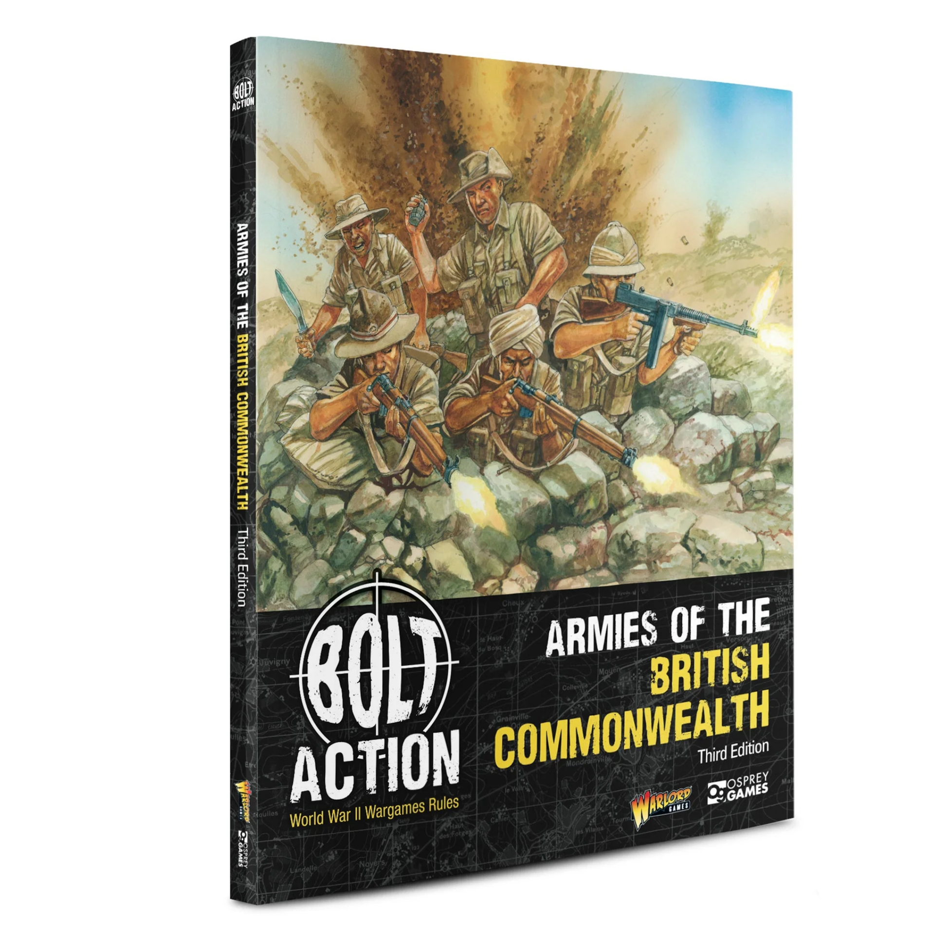 Bolt Action Armies of the British Commonwealth Third Edition – okładka książki z ilustracją żołnierzy Commonwealthu w walce, logo Warlord Games i Osprey Games