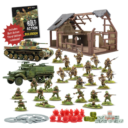 Bolt Action Third Edition Island Assault! 401510008 – zawartość zestawu startowego: 12 pomalowanych figurek USMC w oliwkowych mundurach i 12 figurek japońskiej piechoty w khaki, plastikowy M3A1 Half-track w zielonym kamuflażu, czołg Chi-Ha w trójkolorowym kamuflażu zielono-brązowo-żółtym, zniszczona azjatycka chata MDF, czerwone znaczniki pinów, szare znaczniki, żółte i białe kości rozkazu, książka zasad Bolt Action Third Edition, białe tło, 28mm Warlord Games

