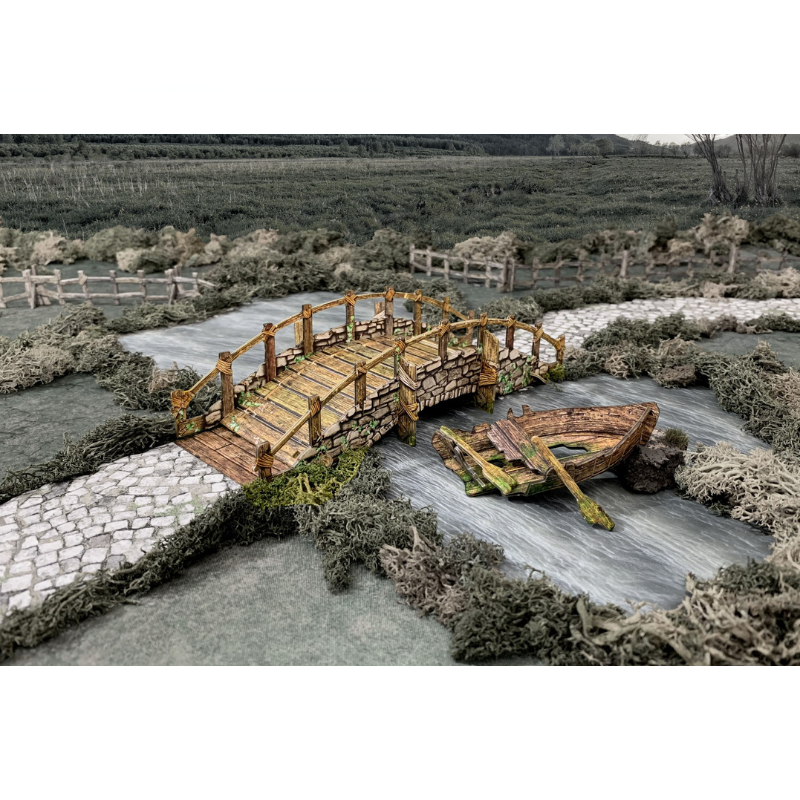 Bridge BSTFWA007 28-35mm Battle Systems - kamienny most nad rzeką ze złamaną łódką i wiosłami widok klimatyczny z góry
