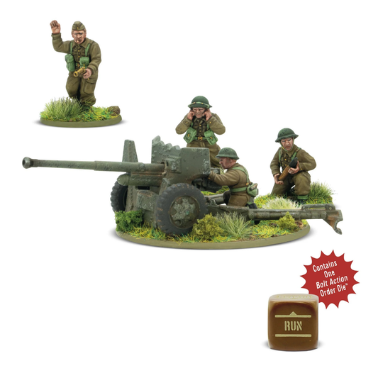 Warlord Games British 6-Pounder Anti-Tank Gun (Plastic) – pudełko Bolt Action: plastikowa armata QF 6-pounder z 4 figurkami obsługi, podstawki 60mm i 25mm, kość rozkazu i kalkomanie brytyjskie i kanadyjskie 28mm