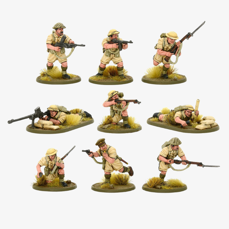British 8th Army Platoon - Bolt Action 28mm - 9 figurek pomalowanych mundury pustynne Lee Enfield Thompson - Warlord Games