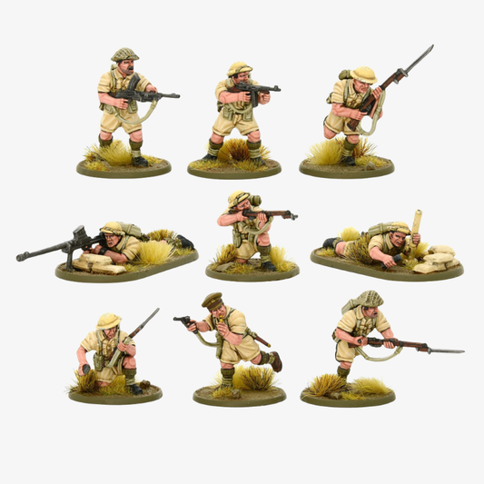 British 8th Army Platoon - Bolt Action 28mm - 9 figurek pomalowanych mundury pustynne Lee Enfield Thompson - Warlord Games