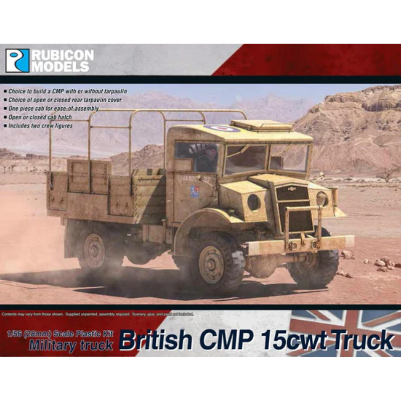 British CMP 15cwt Truck – okładka pudełka Rubicon Models 1:56, model piaskowy H48221 w pustyni, 280056
