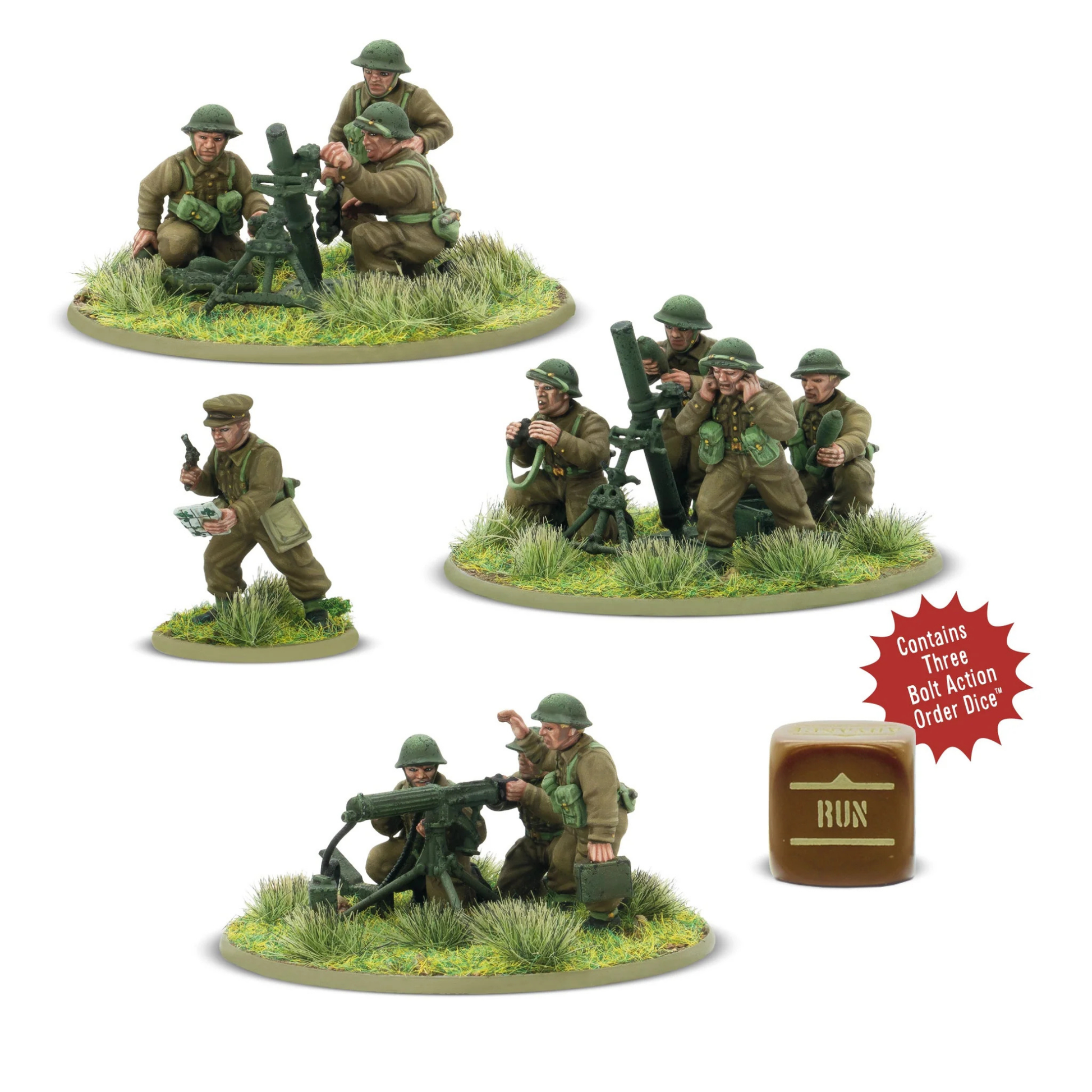 Warlord Games British Heavy Weapons Platoon (Plastic) – pudełko Bolt Action British Heavy Weapons Platoon: 1 hard plastic 28mm heavy weapons platoon, flaga brytyjska, logo Bolt Action i Warlord Games, okres Mid 1942-43 i Late 1944-45